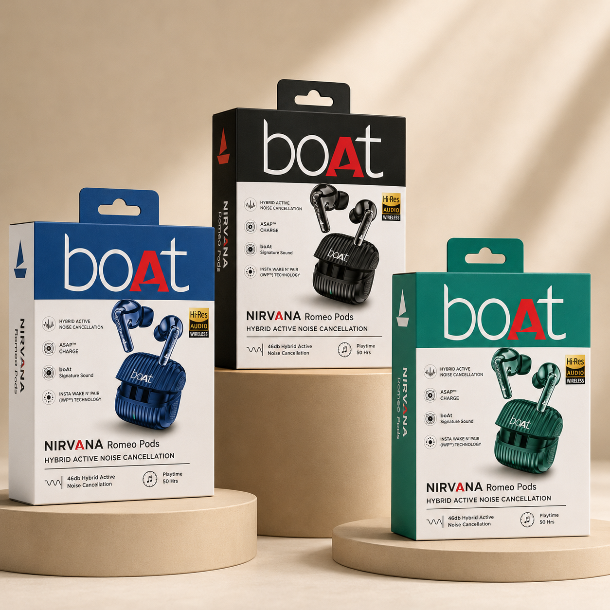 ChatGPT Image Aug 8, 2026, 05_22_56 PM boAt Nirvana Romeo Pods TWS Earbuds | 46dB Hybrid Active Noise Cancellation | Hi-Res Audio Wireless | Up to 50 Hours Playtime | boAt Signature Sound | Adaptive EQ | Type-C Fast Charging - Image 1