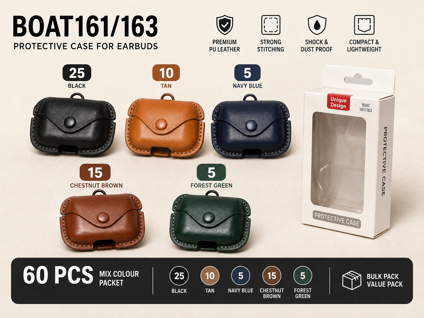 ChatGPT Image Aug 8, 2026, 08_48_41 PM boAt Airdopes 161 / 163 Leather Protective Case Cover | Premium PU Leather | Button Lock Design | Shockproof | Full Protection | Mixed Color Pack (60 Pcs) - Image 1